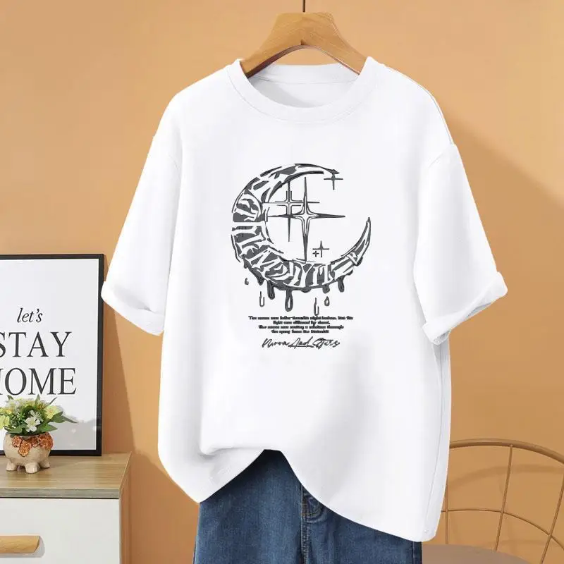 

Summer Vintage Cotton Short Sleeve Top Tee, Women Clothing Cartoon Printed T-shirt, Loose Casual O-neck Basic Pullovers