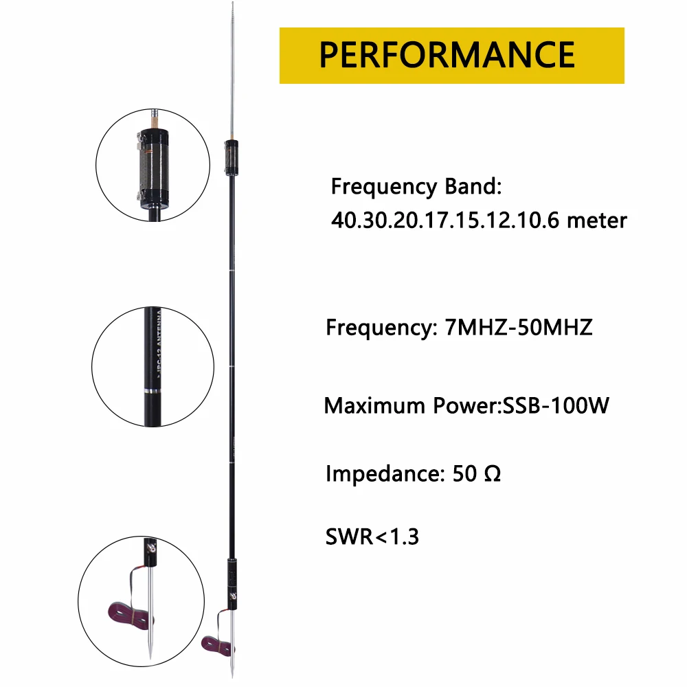 Antenas JPC-12 HF para radioaficionado con regulador deslizante 7MHz-50MHz Antena vertical Hf de todas las bandas 40m-6m Antena de PAC-12 de 8 bandas