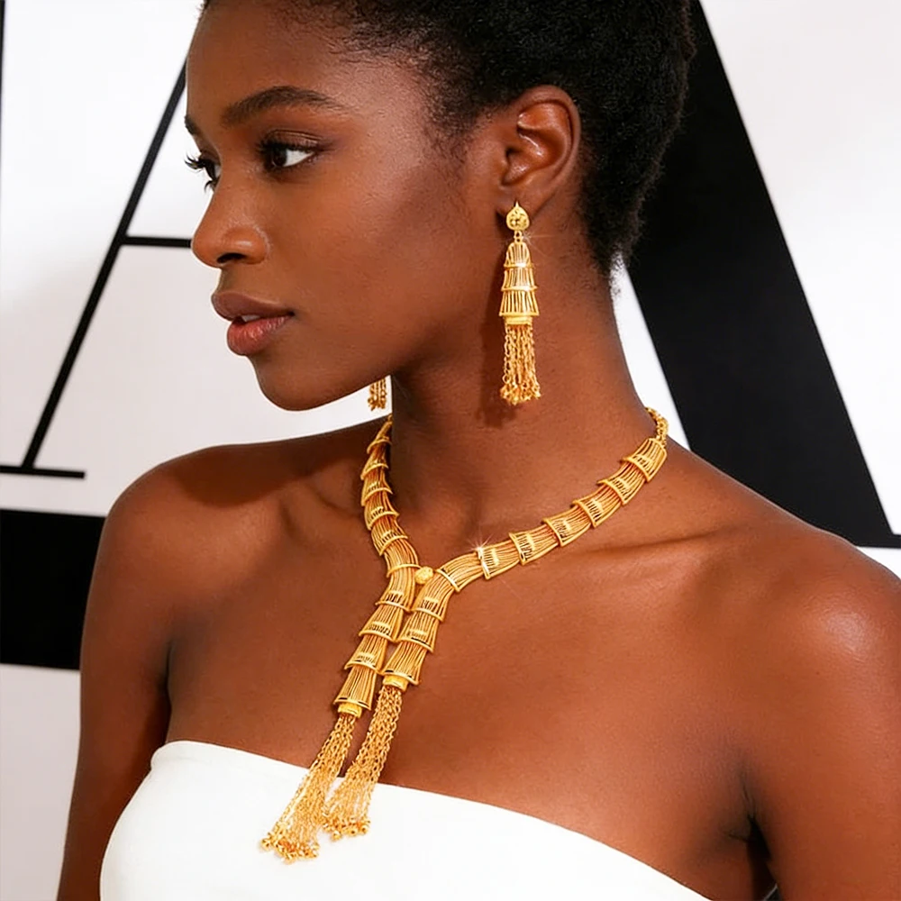 

Dubai Tassel Necklace Drop Earrings Set Luxury Women Jewelry African Design Gold Color Necklace Earrings Jewelry Wedding Gifts