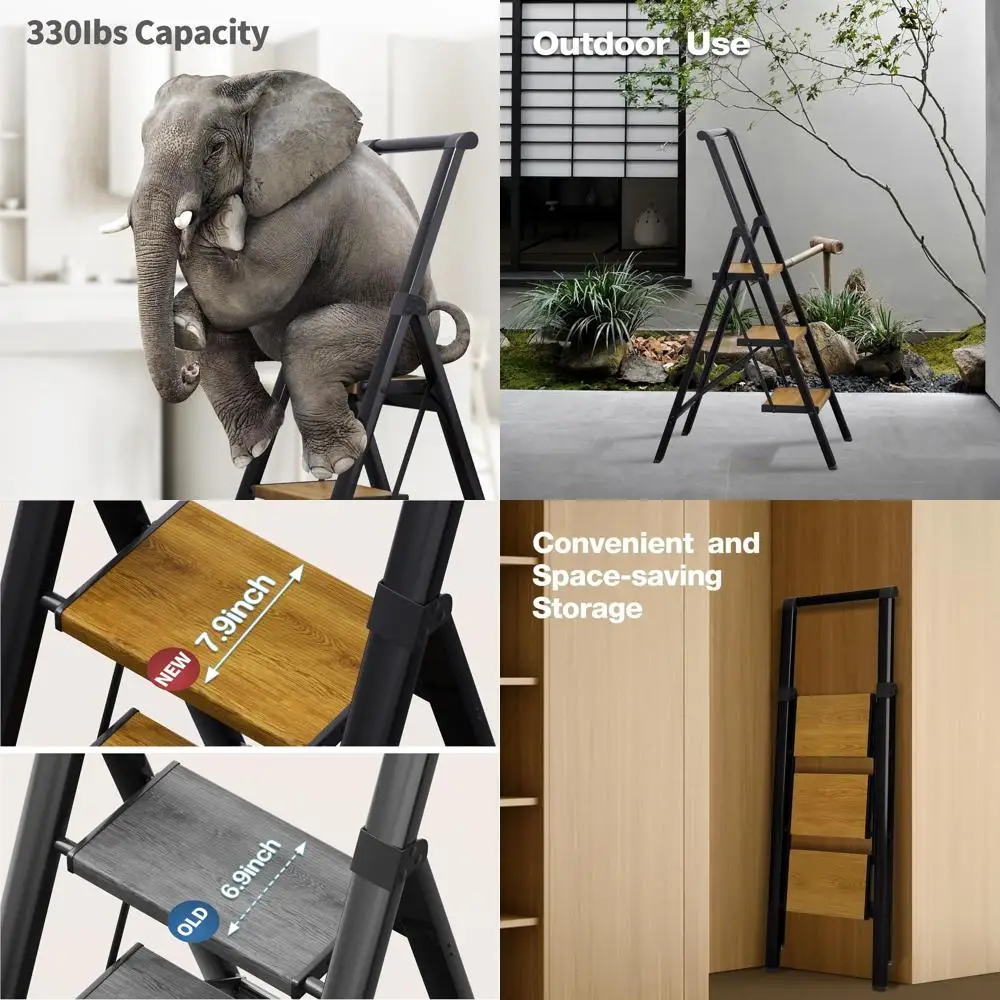 

Foldable 3-Step Aluminum Ladder with Grip, Anti-Slip Treads, 330 lbs Load, Portable for Home & Office (Black & Woodgrain)