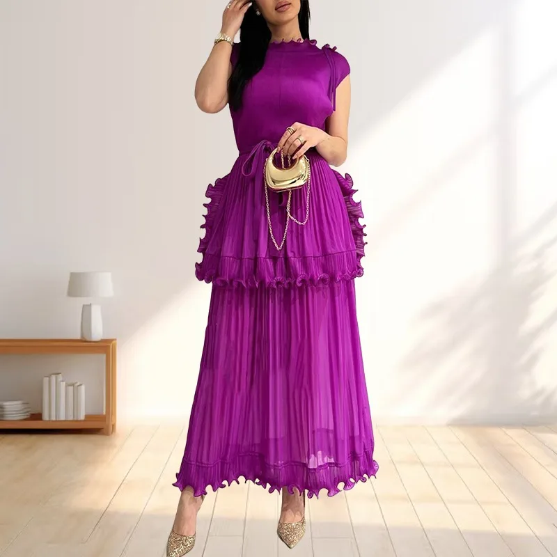 Miyake Pleated Cross Border New Solid Color Ruffle Neck Plus Size Women's Dresses Africa Middle East Plus Size Prom Dresses