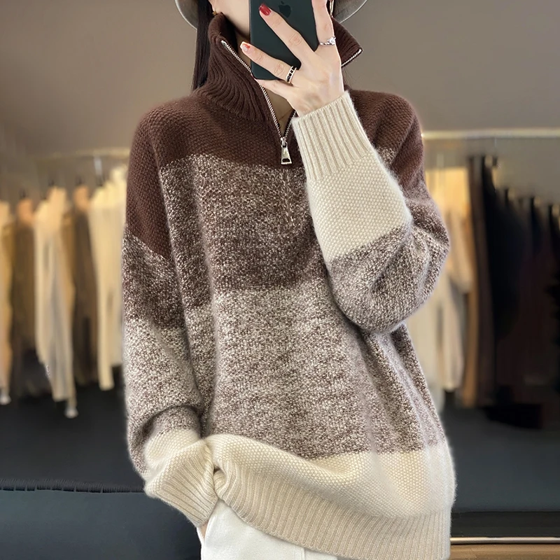 

23 Autumn Winter New Woolen Sweater Women's Polo Long Sleeve Pullover 100% Pure Wool Loose Gradient Color Pull Chain Tidal Knit