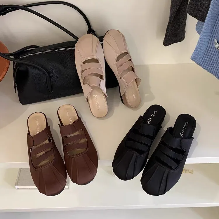 Women Pleated Three Strap Mule Slippers Square Toe Hidden Low Heel Soft Leather Slip On Casual Daily Walking Shoes For Ladies
