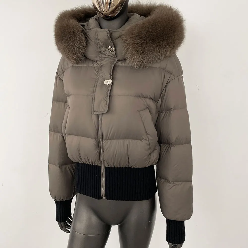 Jaqueta de pele de realidade feminina moda com capuz pato branco para baixo casaco grosso quente casual natural real guaxinim gola de pele de raposa casaco de inverno