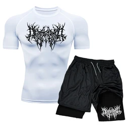 Roupa esportiva de compressão de secagem rápida masculina, camiseta de manga curta, shorts de camada dupla, terno apertado, fitness esportiva, verão