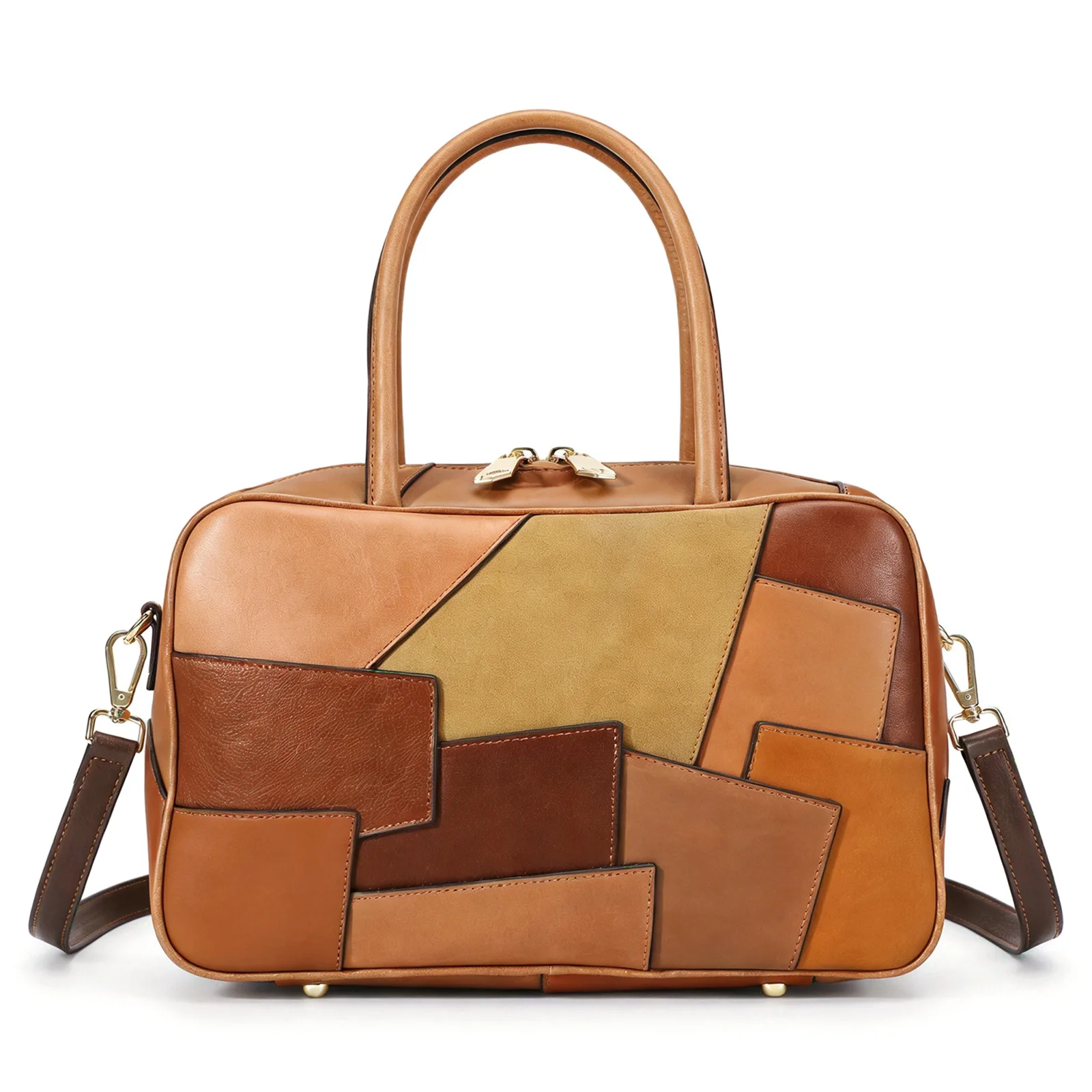 Vintage Retro Color Block Boston Bag Women Top Grain Cowhide Leather Handbag Patchwork Contrast Crossbody Purse