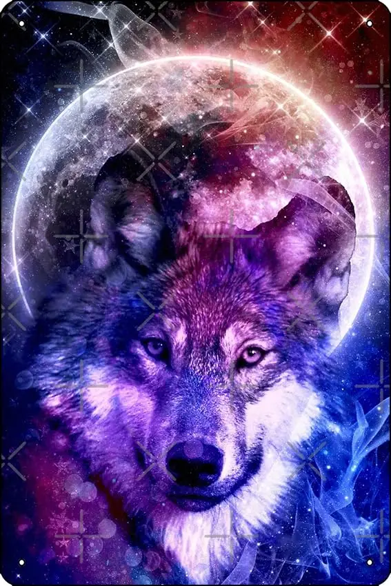 Mystical Wolf Face in Front of the Moon and galaxy Poster Funny Metal Tin Sign for Home Kitchen Bar Room Garage Decor 