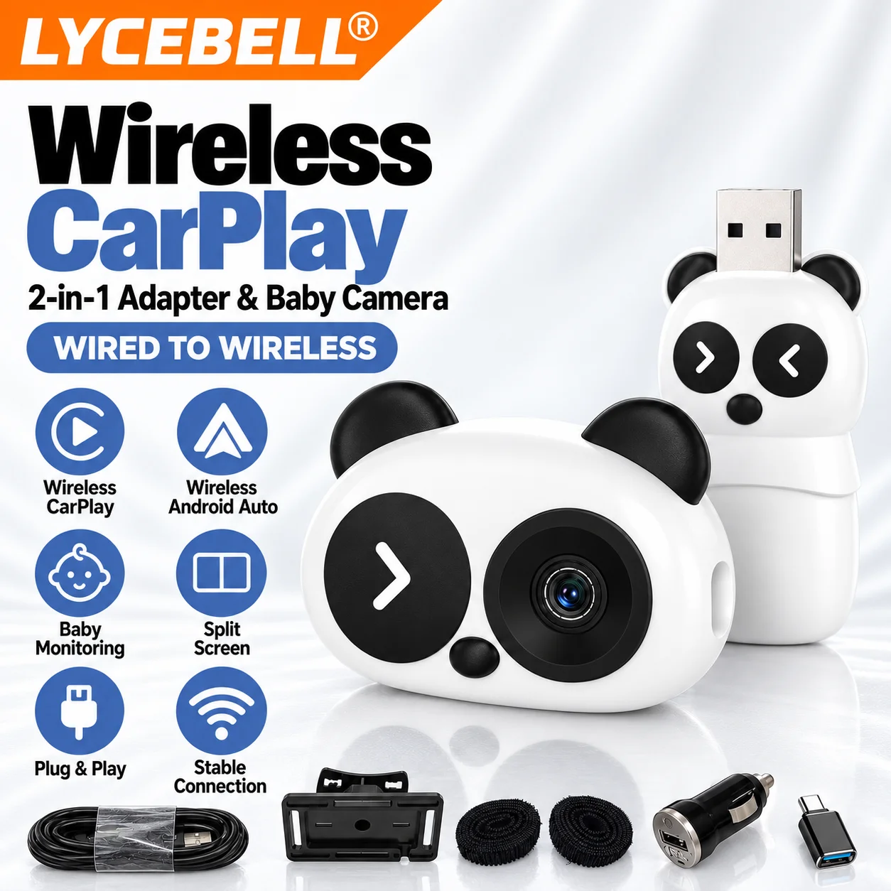 Wireless CarPlay Adapter with Baby Car Camera, 2-in-1, 1080P FHD, 150° Wide Angle, Night Vision, OTA Updates for Factory CarPlay