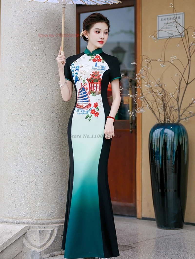 2026 chinese vintage dress improved qipao national flower embroidery patchwork cheongsam oriental banquet evening dress vestido