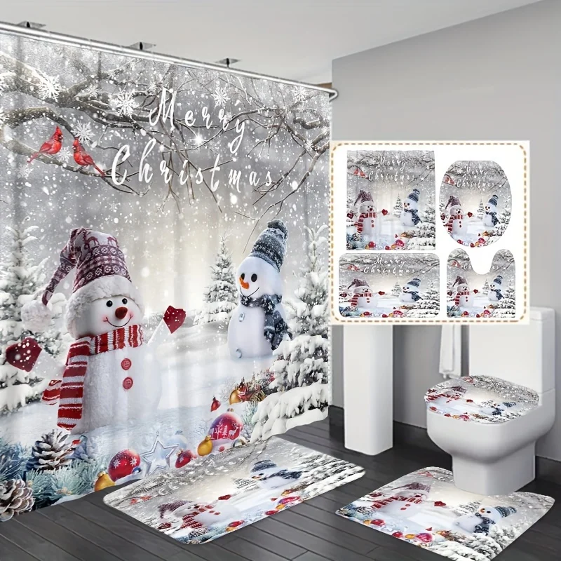 

4pcs Two Snowmen Bathroom Curtain Set, with Hook and U-Shaped Toilet Seat Cover, Bathroom Accessories, Christmas Decoration