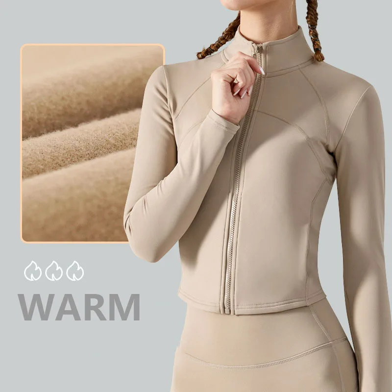 Winter Fit Warm Yoga Jacket Women Full Zipper Long Sleeve Sports Shirts Short Waist Training Elastic Running Gym Fitness Coat