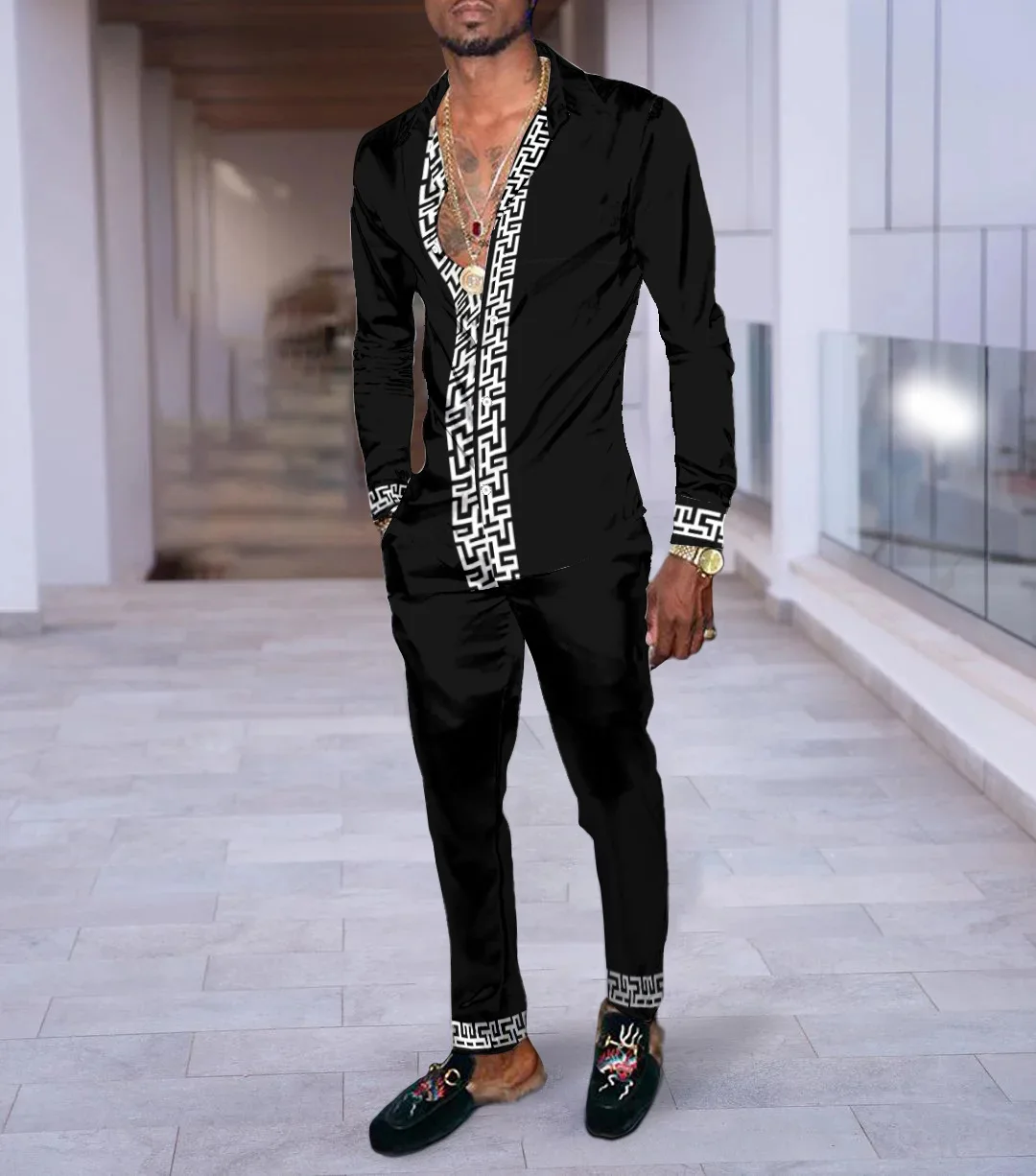 

New Fashion 3D Print Two Piece Set Men Spring Summer Long Sleeve Lapel Shirts And Pants Casual Suit Man Outfit Streetwear