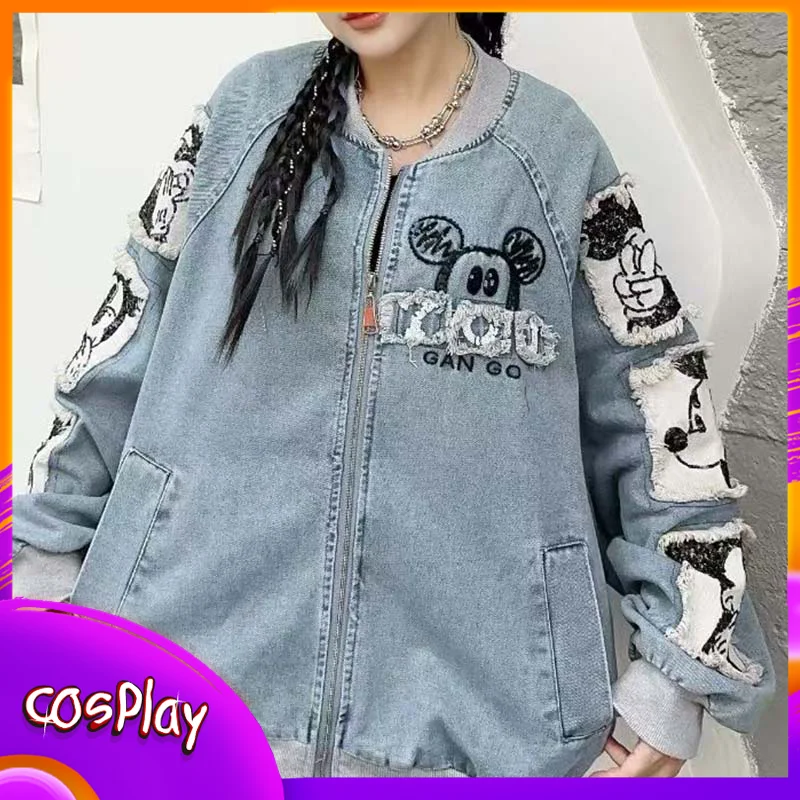 

Джинсовая куртка с Микки Маусом, милое модное женское пальто с героями мультфильмов Диснея, повседневное модное женское пальто с длинными рукавами, женская свободная одежда, подарок для девочки