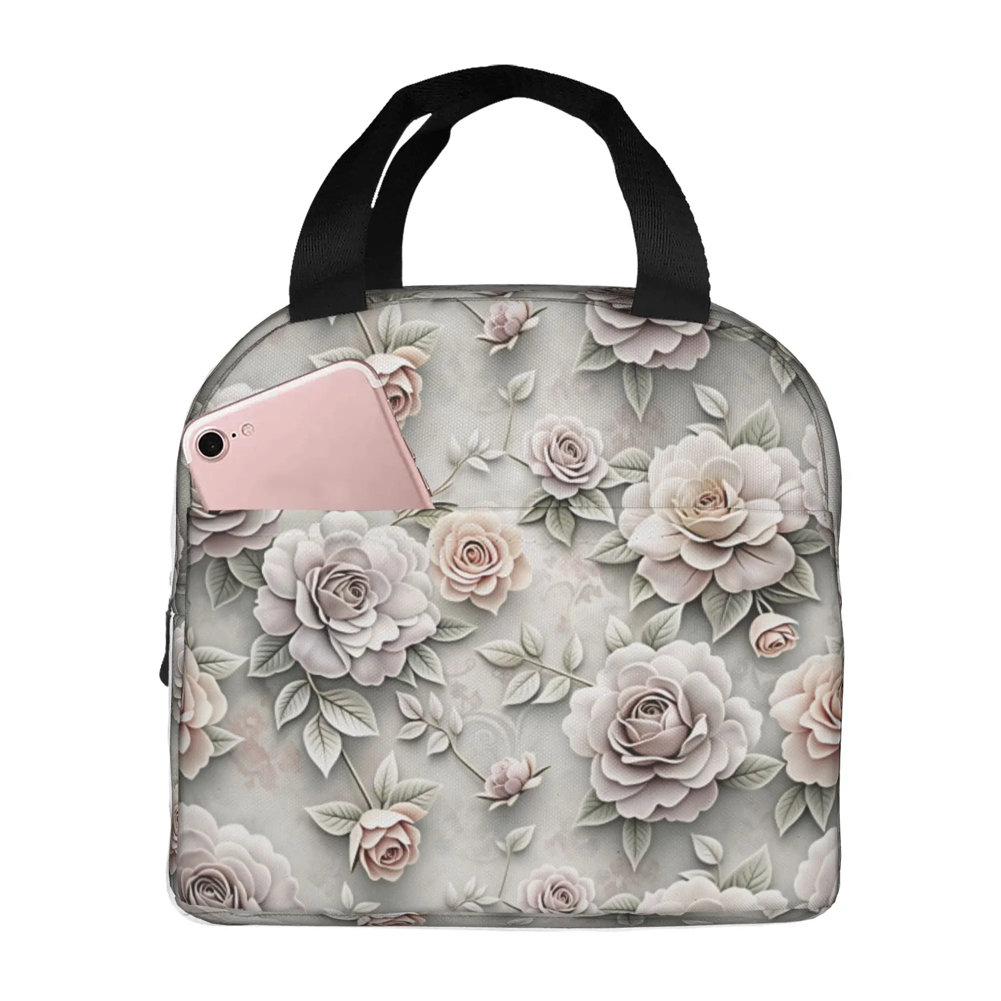 Luxury High 3D Floral Insulated Lunch Tote Bag for Women Fashion Trend 3D Flowers Resuable Thermal Cooler Food Lunch Box School