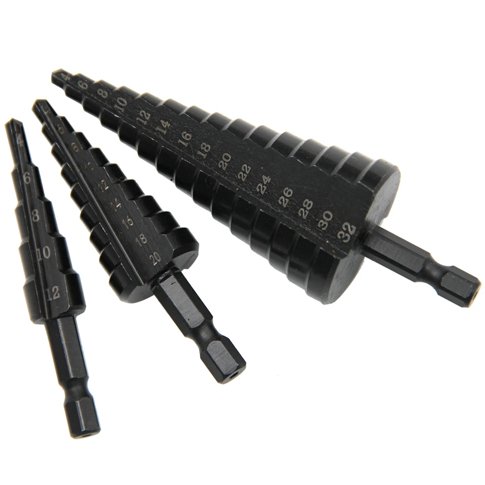 3PCS Hex Shank Straight Groove Drill Bit Set 3-12mm 4-12mm 4-20mm 4-32mm Black Gold Step Reaming Tower Drill Tool Kit for Precis