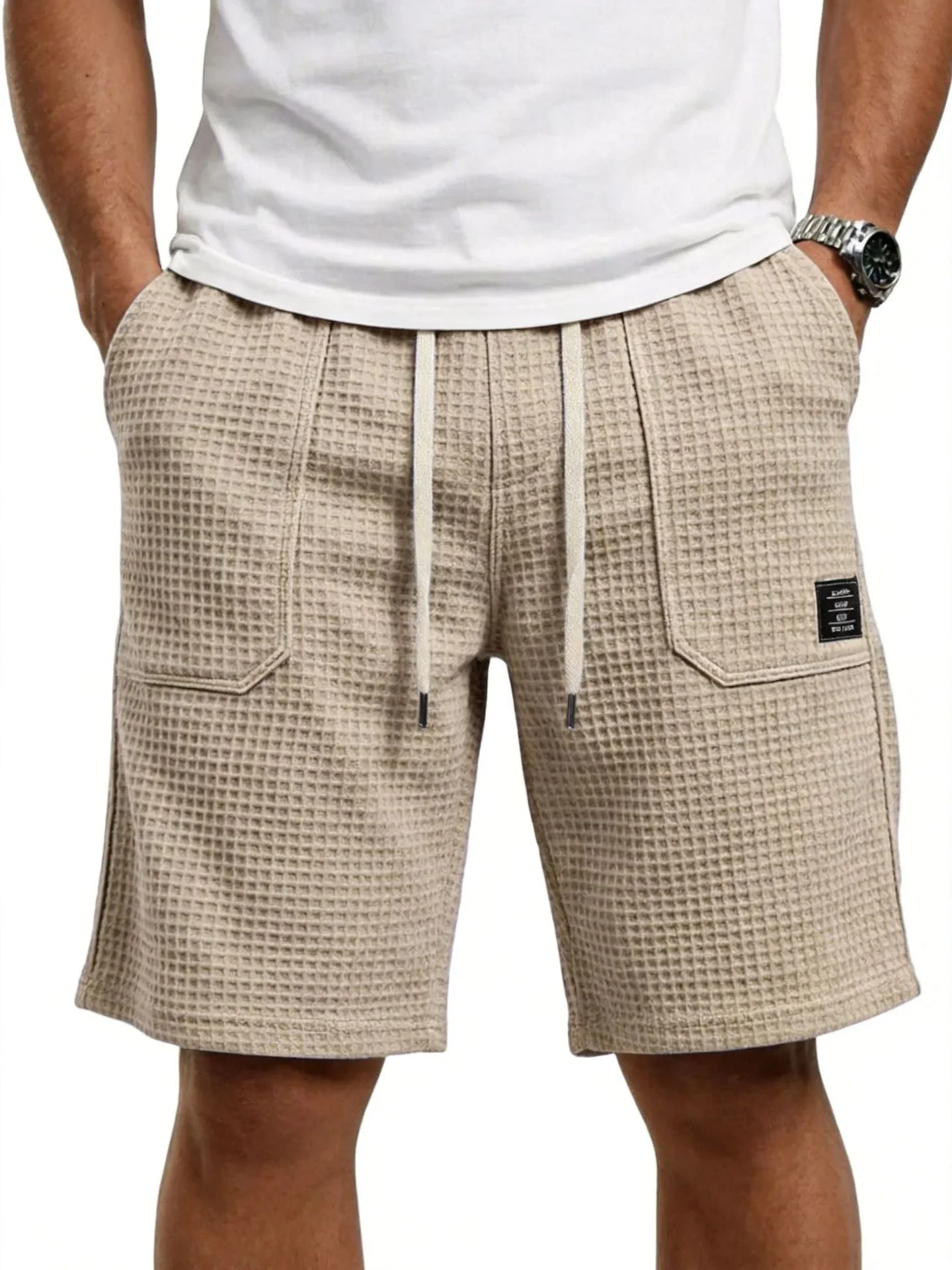 Men Waffle Knit Cargo Shorts Elastic Drawstring Waist Multi Pockets Loose Fit Casual Sweat Shorts Summer Outdoor Running Sports