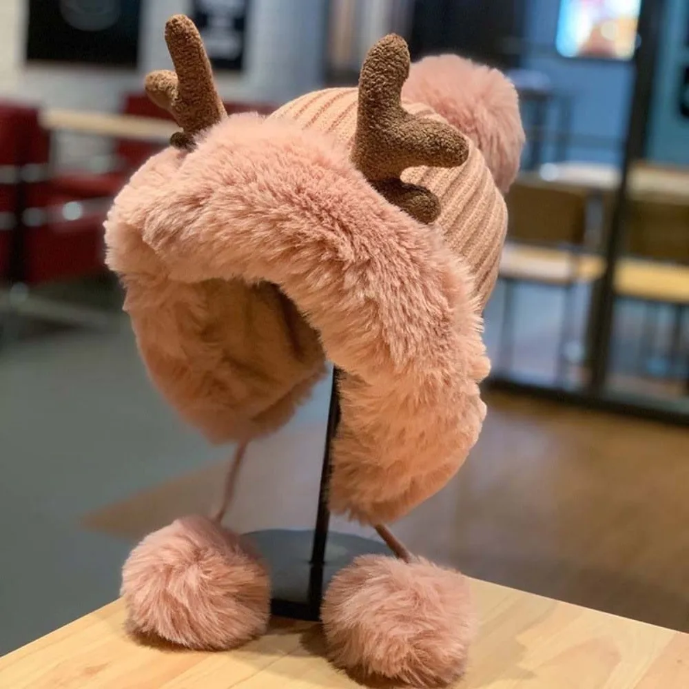 Winter-Strickmütze, Verdickte Hirschgeweih-Beanie, Winddichte Thermische Ohrenschutzkappe, Weiche Gerippte Warme Ohrenklappenmütze für Jugendliche – Detail 4
