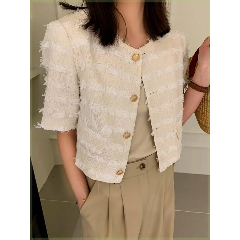 Small Fragrance Tassel Short-sleeved Jackets Women Summer New Fashion O Neck Simple Casual Korea Chic Daily Basic Lady Coat 1354