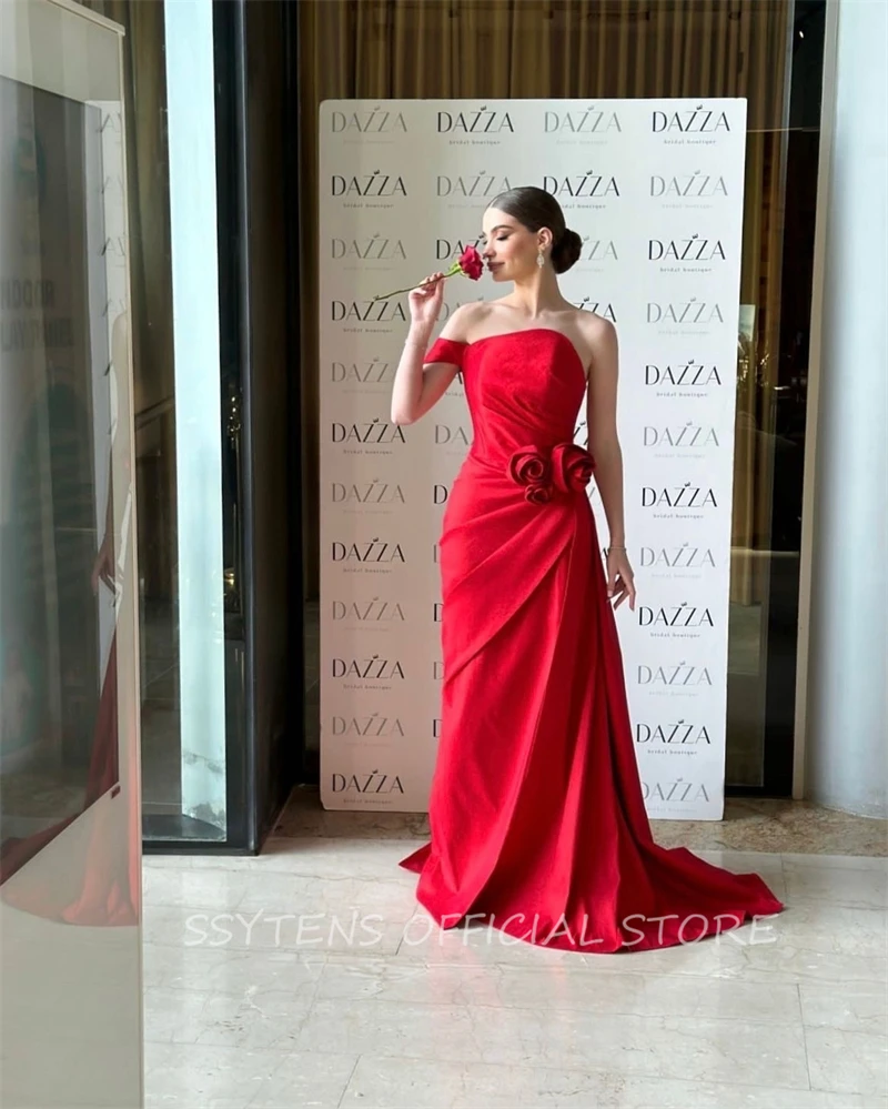 Sexy Red One Shoulder Evening Gowns 3D Flower Maxi Dress Women Bespoke Strapless Long Dresses Off Shoulder Evening Party Gown