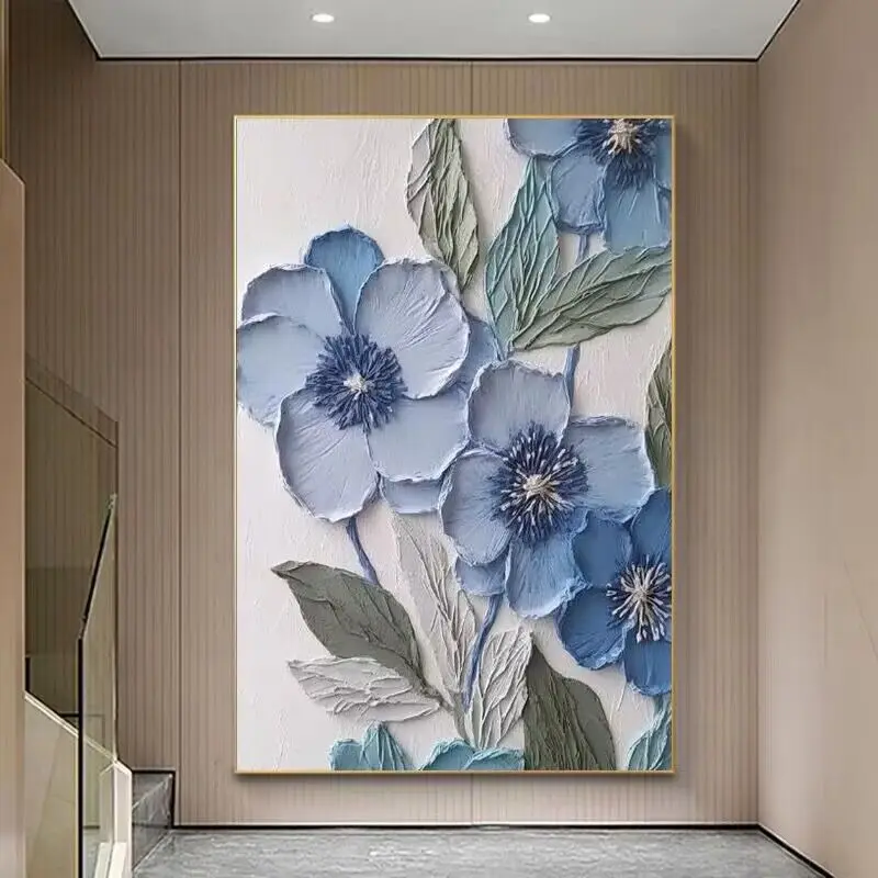 Blue Flower Cream Style Pure Hand Painted Wall Art Poster For Home Decoration Bedroom Dining Room Living Sofa Background Decorat