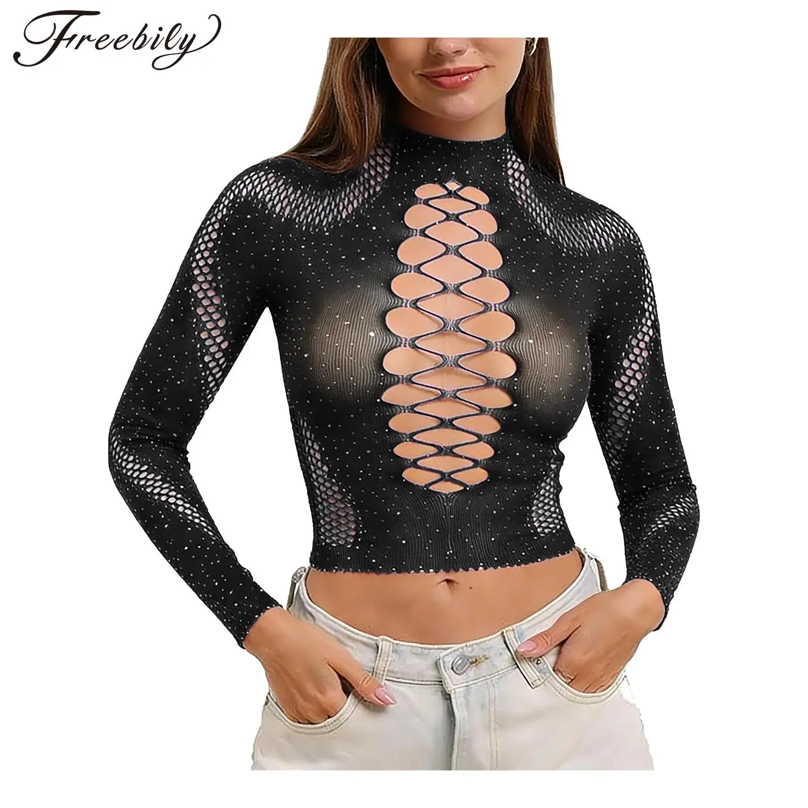 

Женская блестящая блузка-сетка с длинными рукавами, украшенная стразами, эластичная, прозрачная, для ночного клуба, пляжа, вечеринок, как накидка или топ