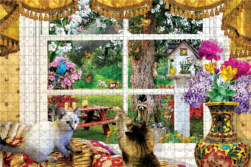 Funny Cat Jigsaw Puzzle Cute Cat Wines Lotus Lantern 300/500/1000 Pieces Puzzlef for Adults Garden Farm Kitchen Decoration Gift