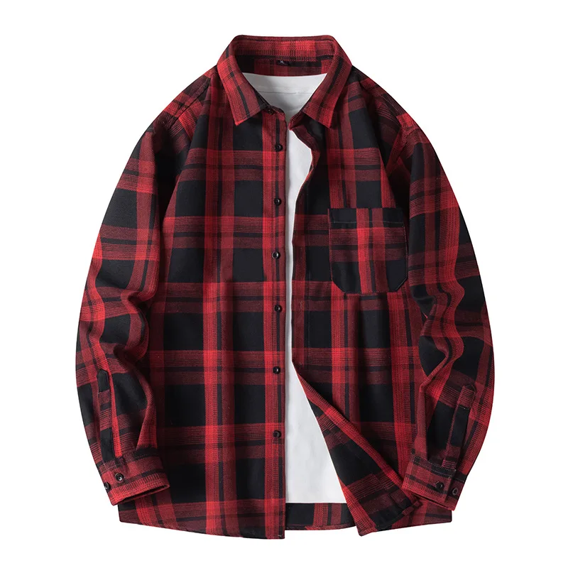 Spring and Autumn Long Sleeve Plaid Shirt Men's Vintage Loose Casual Shirt Jacket
