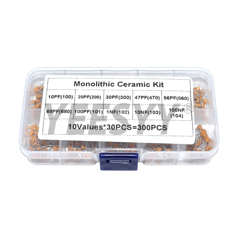 300 Uds 10 valores 50v 10pf 20pf 30pf 47pf 56pf 68pf 100pf 1nf 10nf 100nf Kit surtido de condensadores cerámicos multicapa