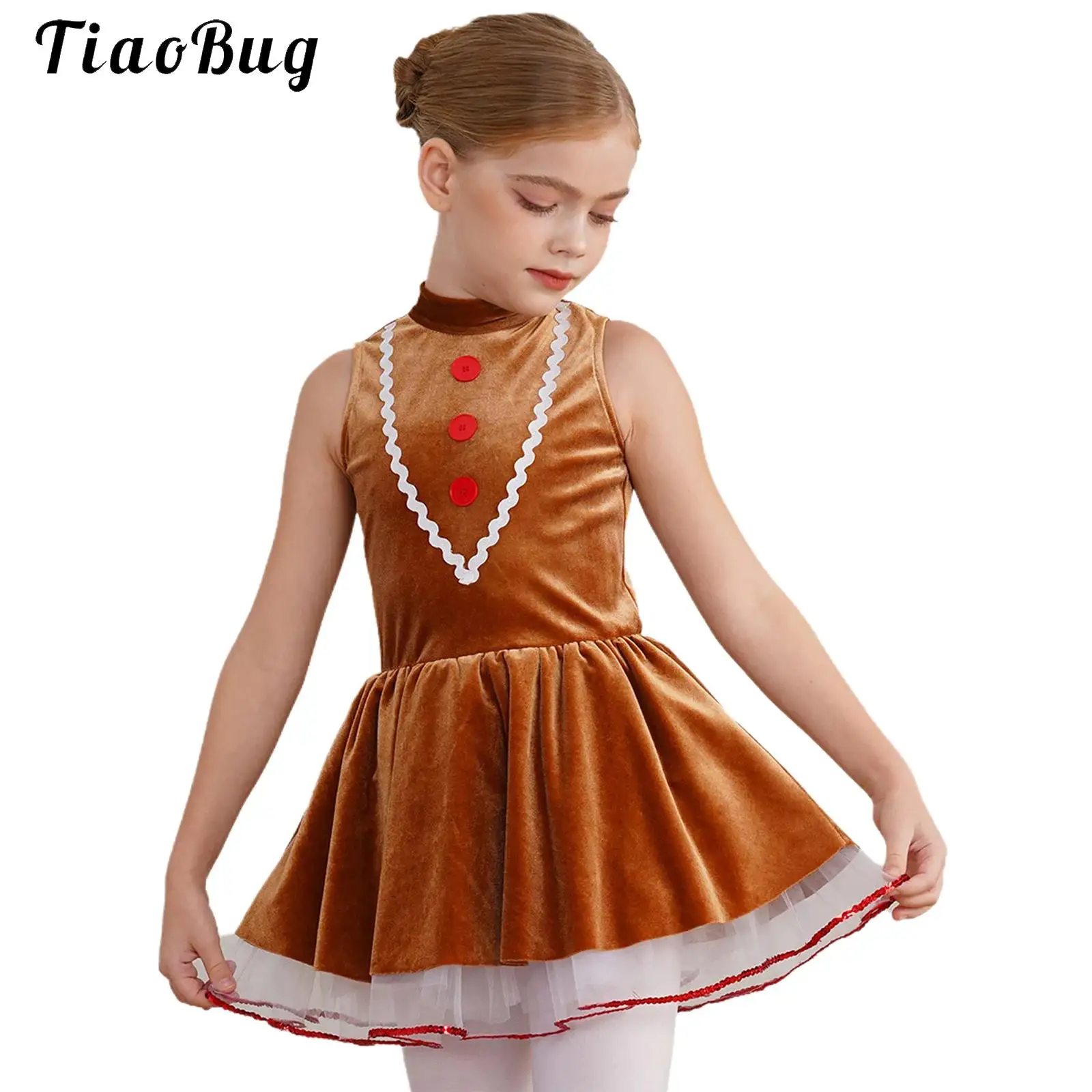 Soft Velvet Girls Gingerbread Man Costume Halloween Cookie Princess Cosplay Ballet Tutu Dance Dress Christmas Holiday Dress Up