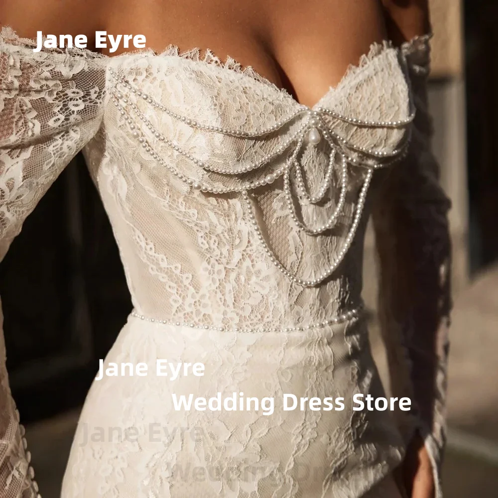 ジェーン・エア カスタムオーダー オフショルダー レース マーメイド ウェディングドレス フルスリーブ ビーズ装飾 ブライダルガウン コートトレーン付き