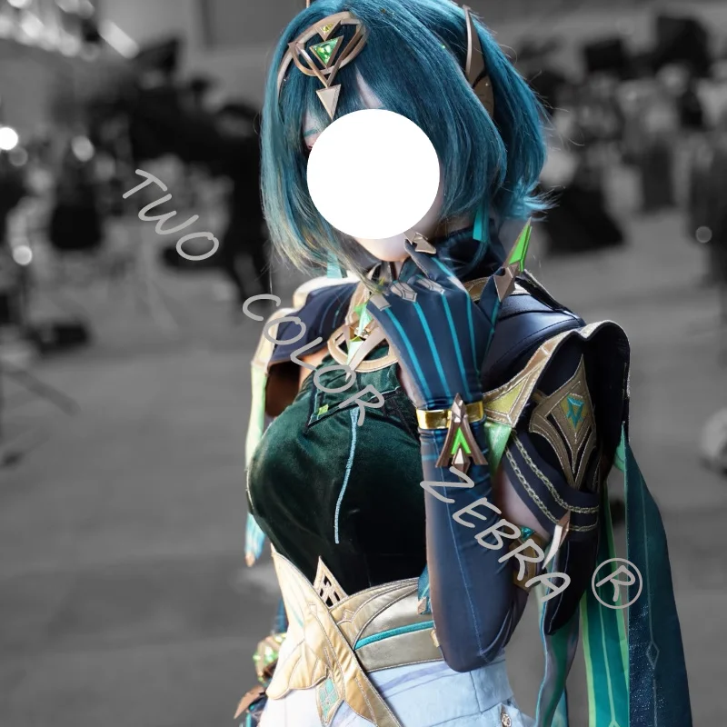 Game Genshin Impact Nefer Green Unifrom Cosplay Costume Shawl Teal Top Skirt Cape Wig Set Halloween Comic Con Party Roleplay view 3