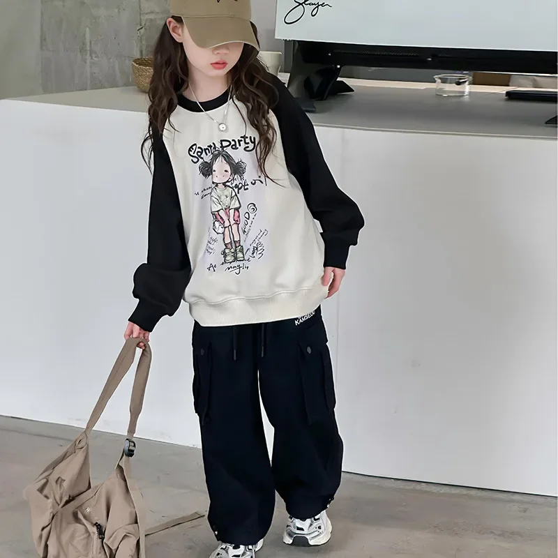 Girls Hoodie 2024 Autumn New Childrens Wear Korean Style Girl Baby Girl Printed Color Matching Round Neck Hoodie Casual Simple image 2