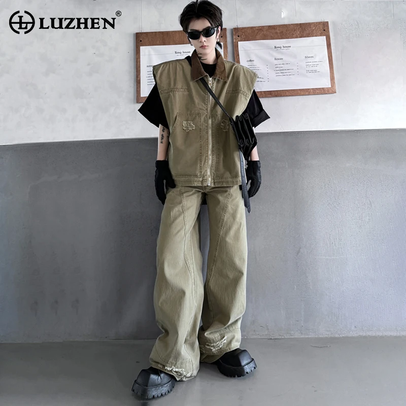 

LUZHEN Vintage Fashion Street Denim Sleeveless Vests Two-piece Sets New Trendy Men Original Patched Design Street Jeans LZ2600