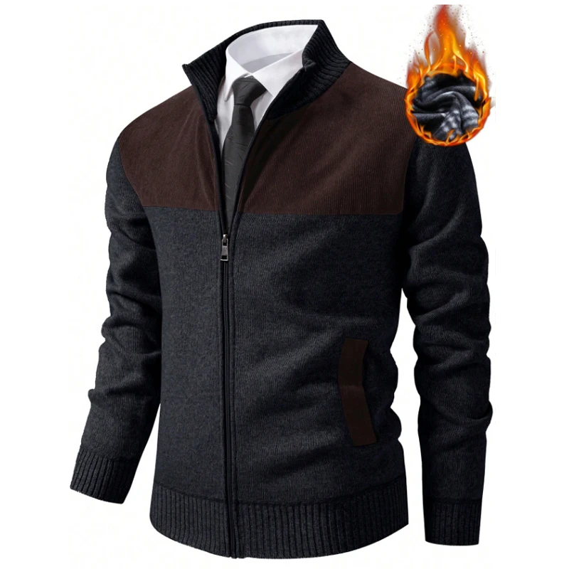 US Size Men's High Collar Cardigan Long Sleeve Full Zipper Thermal Sweater Coat Fleece Lined Turtleneck Sweaters 2 Pockets