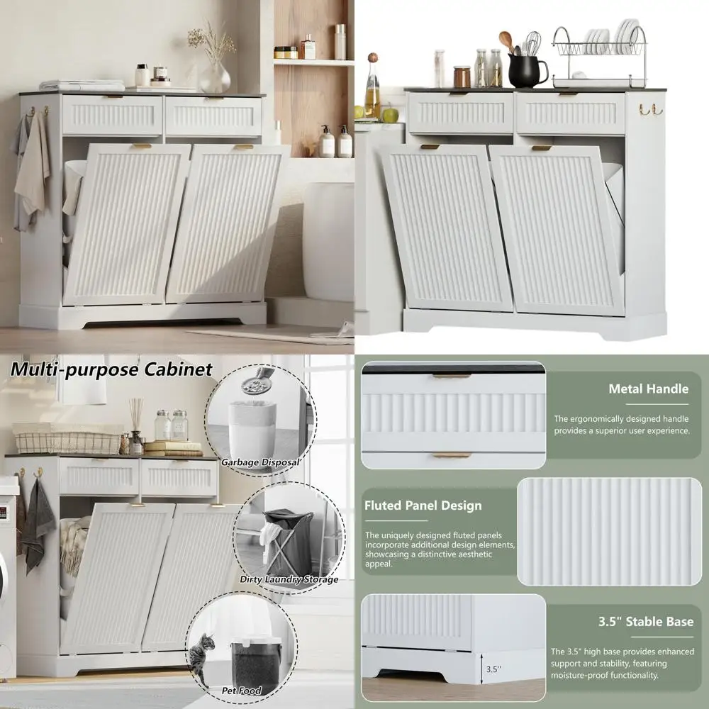 

Деревянный мусорный шкаф с двумя отсеками, скрытым контейнером и крючками, белый