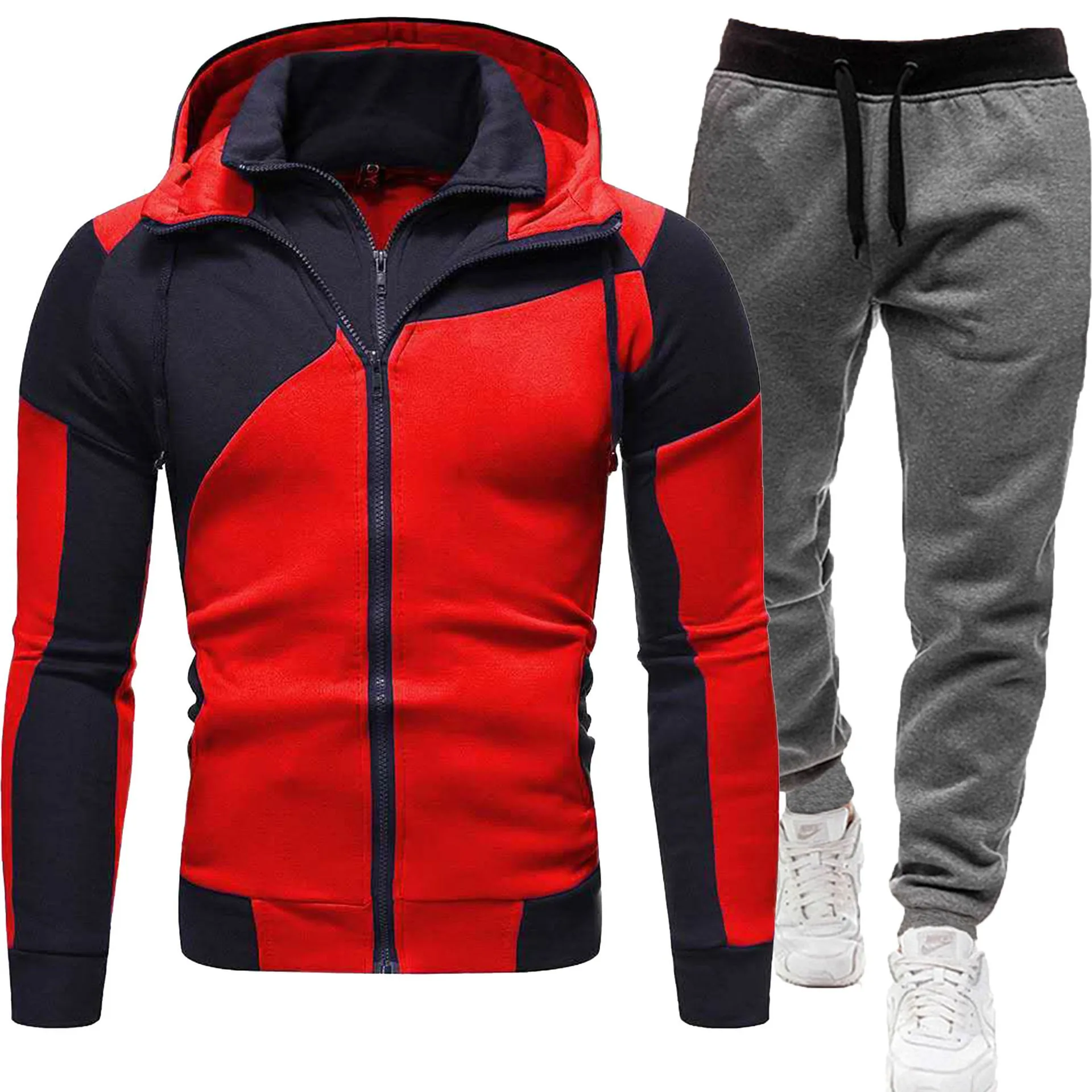 Setelan Olahraga Pria Musim Gugur Musim Dingin, Hoodie Ritsleting dan Celana 2 Potong, Pakaian Olahraga Kasual, Setelan Lari Jogger, Baju Olahraga Fitness