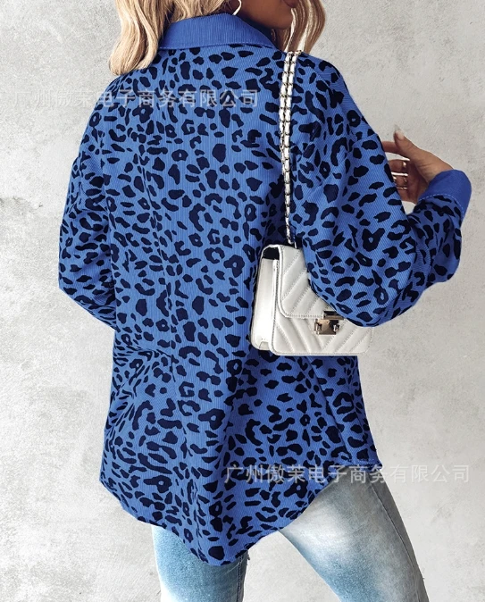 Elegant Women\'s Winter New In Jacket Casual Blue Leopard Print Single Breasted Lapel Fashion Commuter Women\'s Coat Clothes Y2K