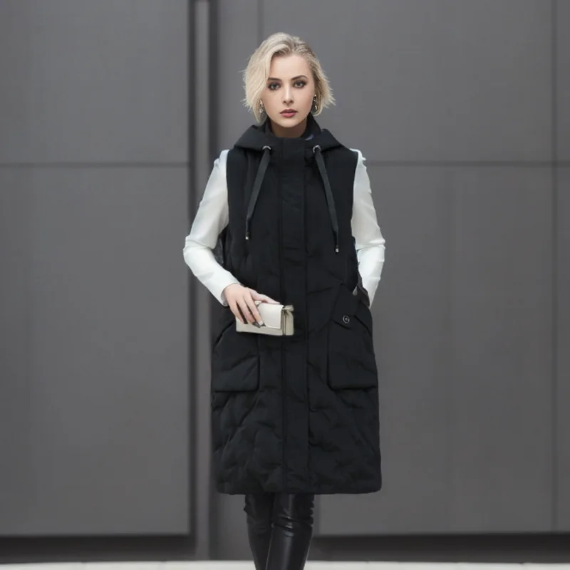 Women Parkas Sleeveless Solid Vests Loose Zippers Long Coats Hooded Pockets Outerwear Elegant Casual Waistcoat Winter 2024