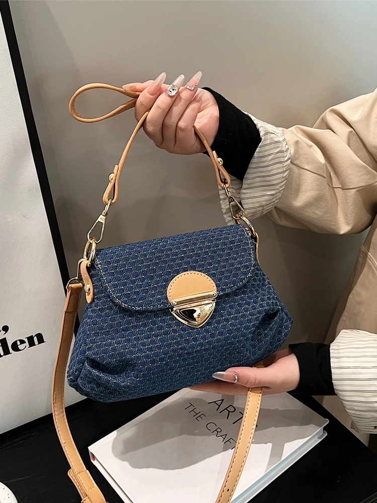 ダブルストラップデニムクロスボディバッグトレンディなデザイン多用途シングルショルダーバッグカジュアルピュアカラーPU素材レディースバッグ