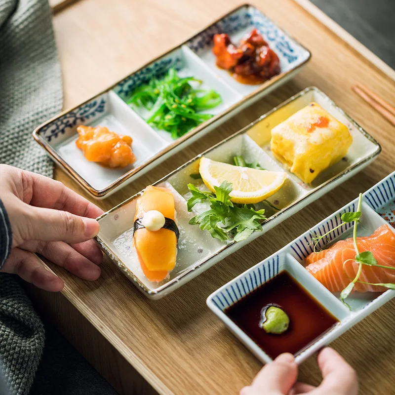 

Japanese-Style Ceramic Hot Pot, Restaurant Snack Barbecue, Compartment Sauce, 3 Grid