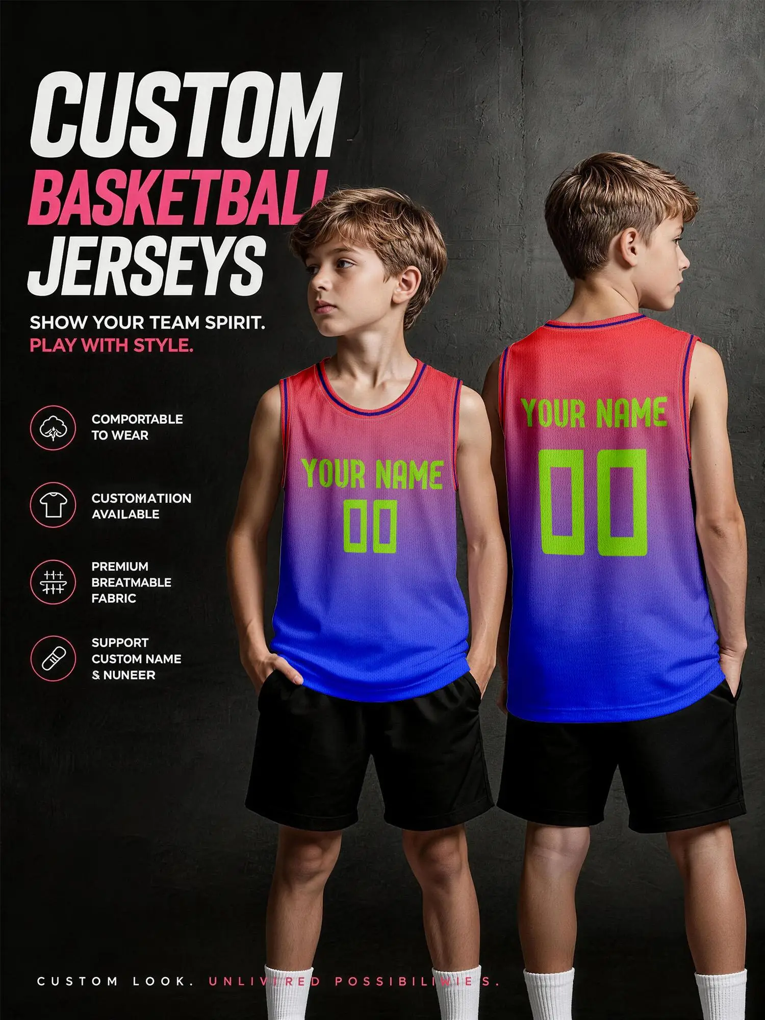 Red‑Purple‑Blue Gradient Dark‑Blue Trim Custom Basketball Jersey, Print Name & Number, Breathable Quick‑Dry for Kids Adults