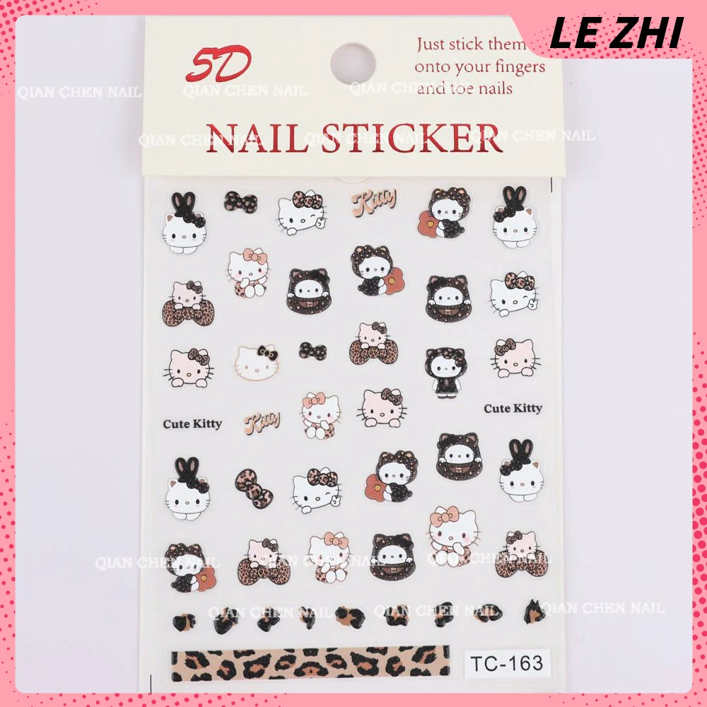 Sanrio Hellokitty Mymelody Kuromi New Cartoon Nail Stickers 5D Embossed Leopard Print Cute Lace Cartoon Nail Sticker Decoration