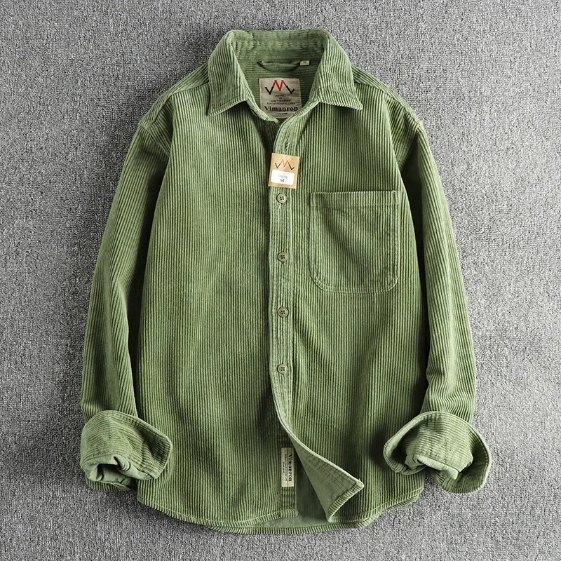 

2024 New Cotton Corduroy Wash Long Sleeve, Men's Khaki Trend Single Pocket Shirt Coat