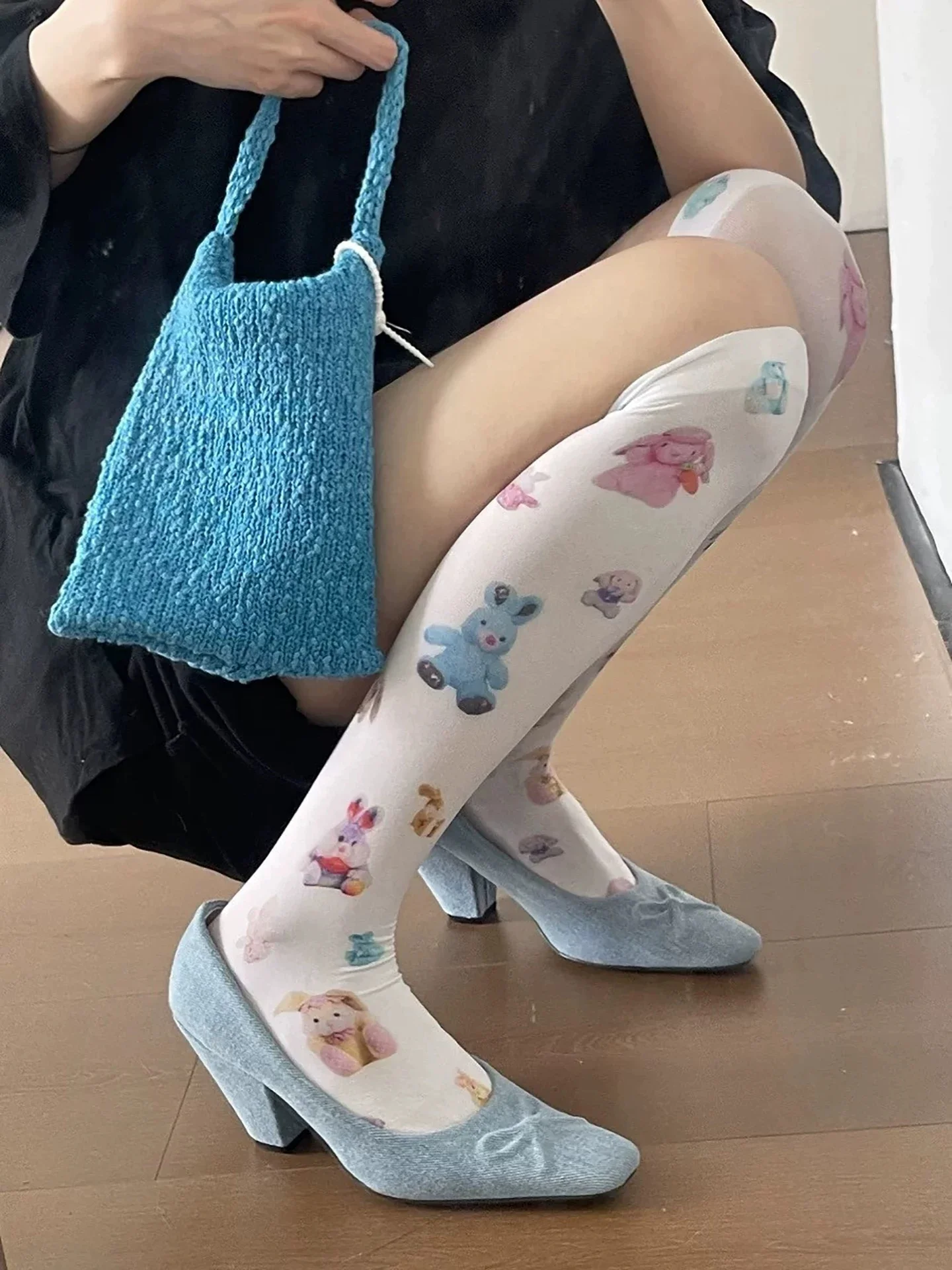 Square Head Shallow Mouth Chunky Heels Pumps Korean Style Design Bowknot Pattern High Heels Simple Daily Commuting Women's Shoes