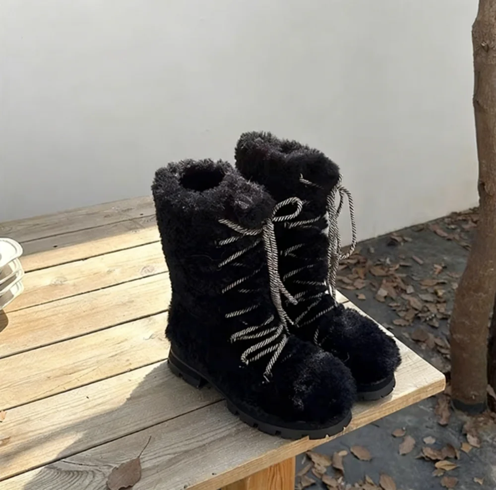 

Black Leather Chunky Sole Mid-Calf Boots Beige Faux Fur Accents Studded Trim Shoe Open Drawstring Design Winter Warm Lady Boots