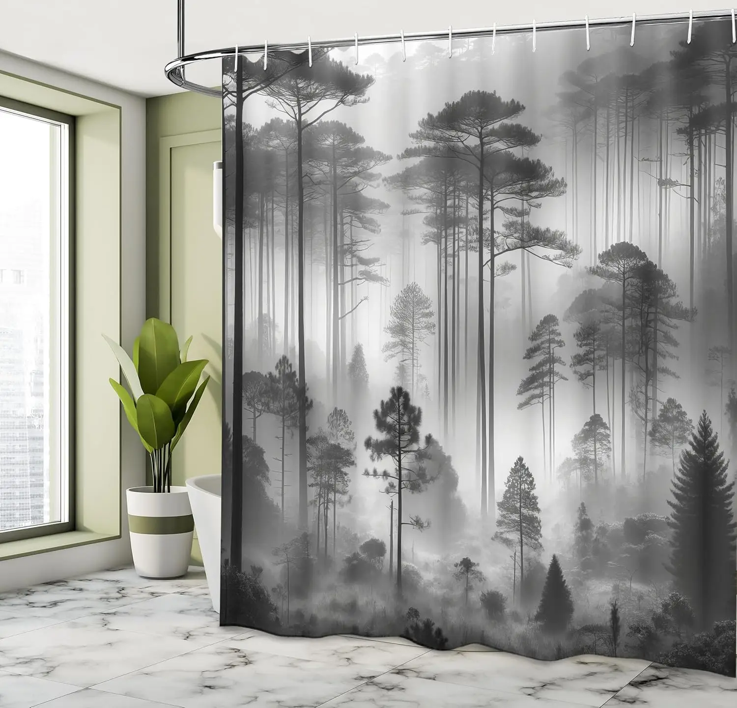 Black White Misty Pine Forest Landscape Print Shower Curtain Waterproof Mildew Resistant Polyester Fabric With Plastic Hooks Eas