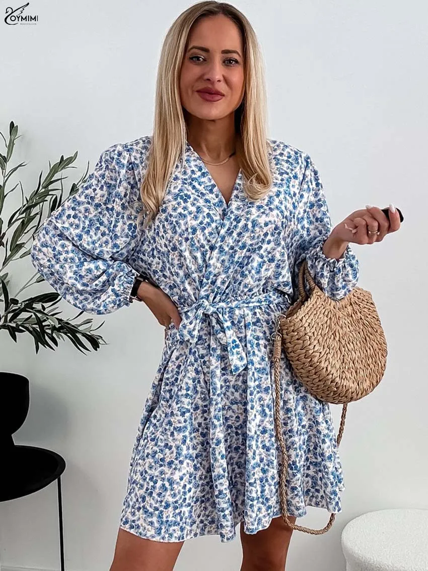 

Oymimi Elegant Blue Print Dresses 2025 Woman Fashion V-Neck Wrist Sleeve Lace-Up Dresses Autumn New Pleated Mini Dress Female