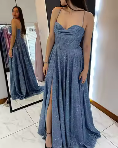Cowl Neck Side Slit Prom Dresses for Teens A Line Sparkly Tulle Formal Evening Gowns Formal Dress Women Elegant Party Dress