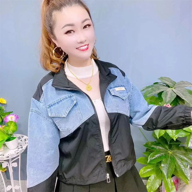 Spring And Autumn New Fashion Contrast Denim Stitching Coat Casual Joker Short 2024 College Wind Girl Temperament Jacket