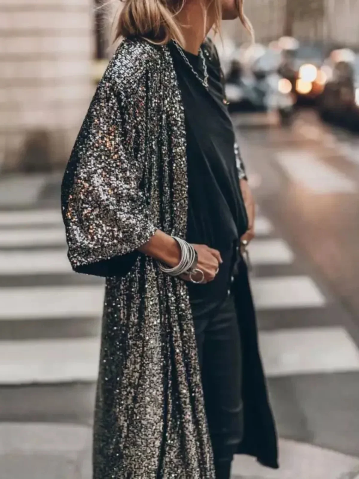 女性用 スパンコール ロング カーディガン ジャケット スパークリング オープン シャツ アウター ストリート スタイル スタンドカラー フルスリーブ ルーズ フィット コート